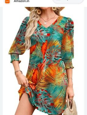Wiholl Womens Size XL Floral Tropical Print Women’s Dress in Teal & Orange